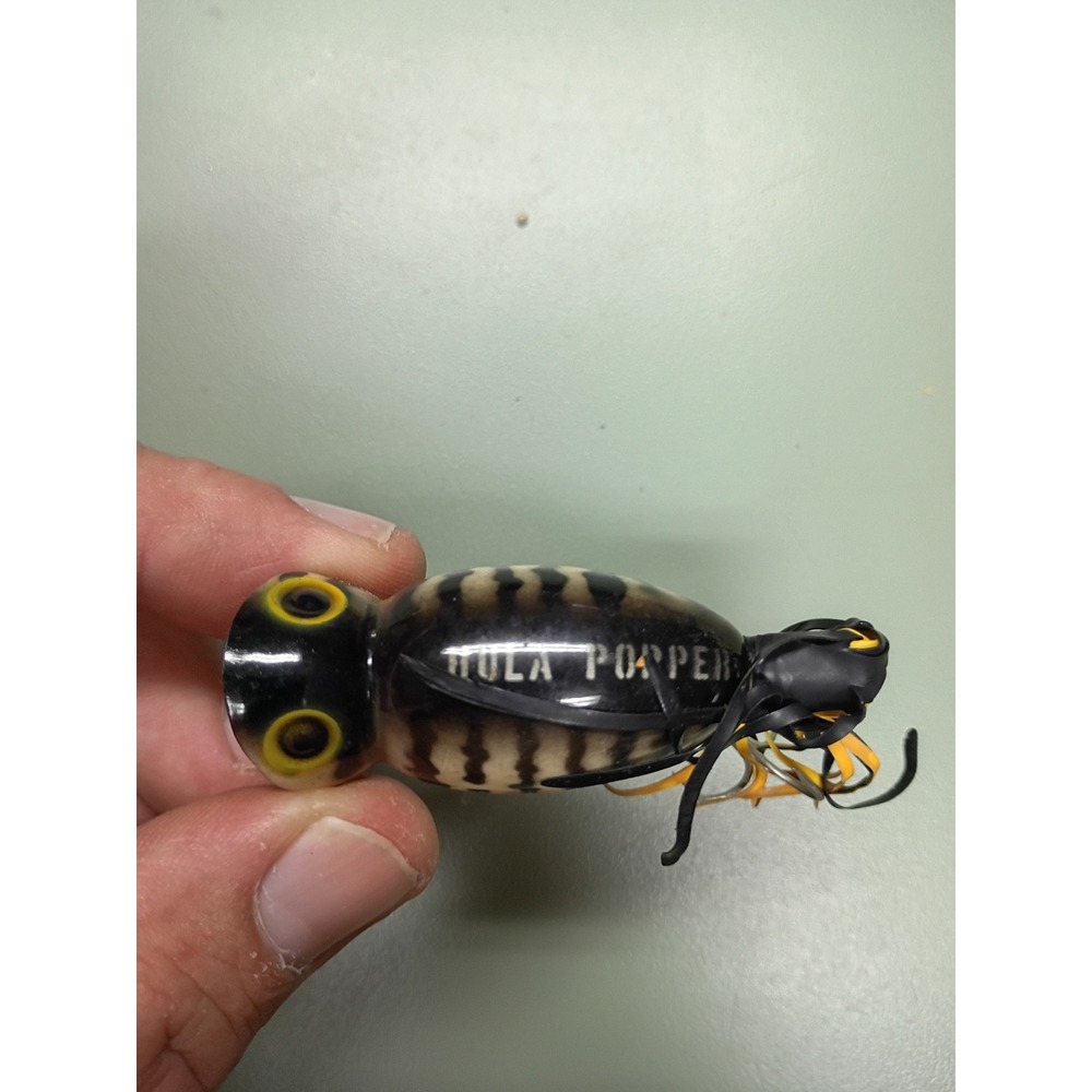 Arbogast Hula Popper Topwater Fishing Lure Frog Pattern Black Tan Yellow Skirt
